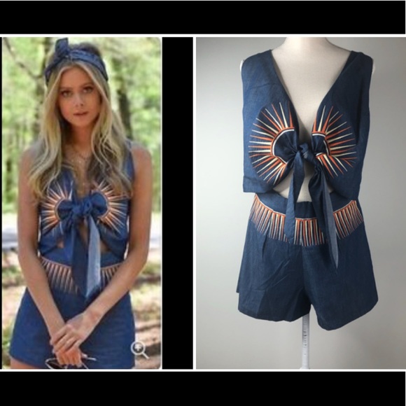 Anthropologie Pants - Judith March Sunburst Tie Front Denim Romper.
